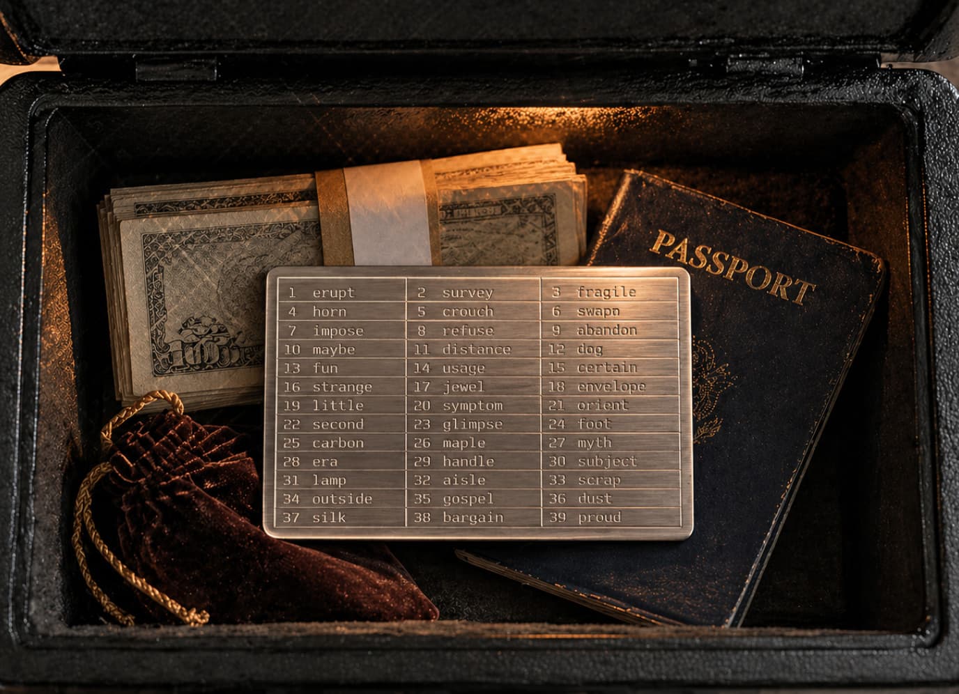 Stamped metal seed plate sitting on a passport inside a desk drawer with papers